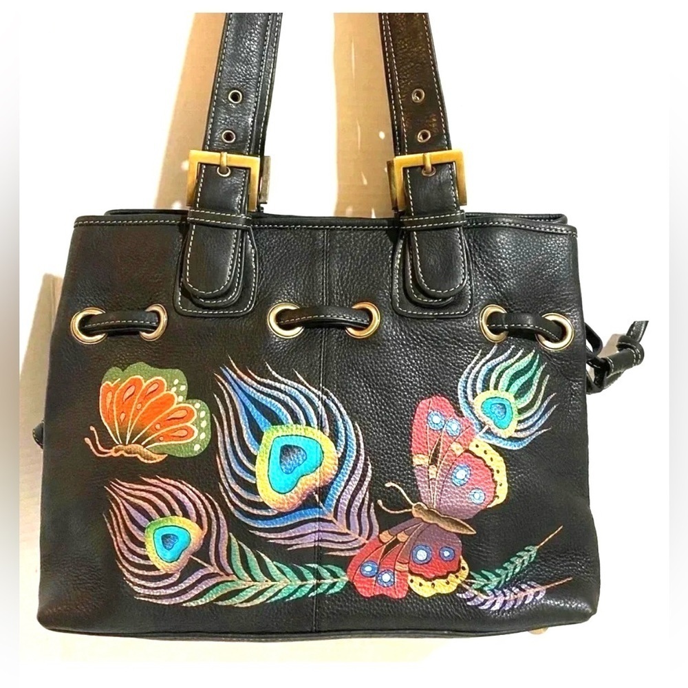 Anuschka hand painted Black Leather Handbag with Colorful Embroidery